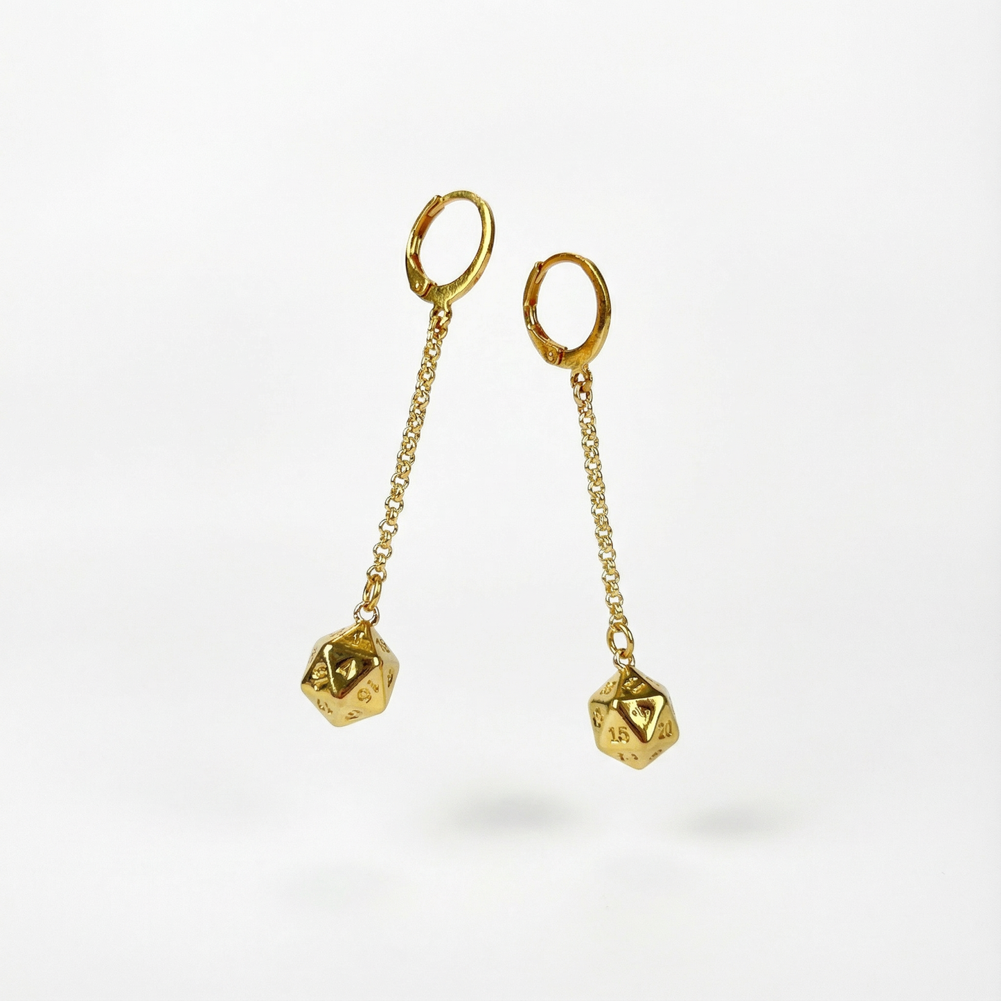 D20 gold dice roleplay earrings, 18k gold plated stainless steel Baguette Magick