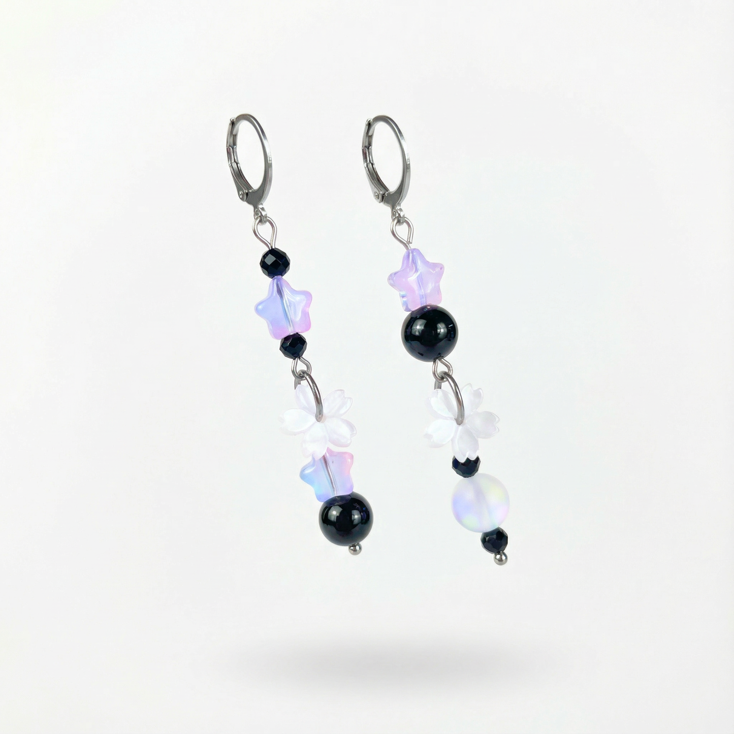 The Celestial Nocture earrings: Rainbow Obsisidan, Onyx, Holo glass, stars and Sakura flowers