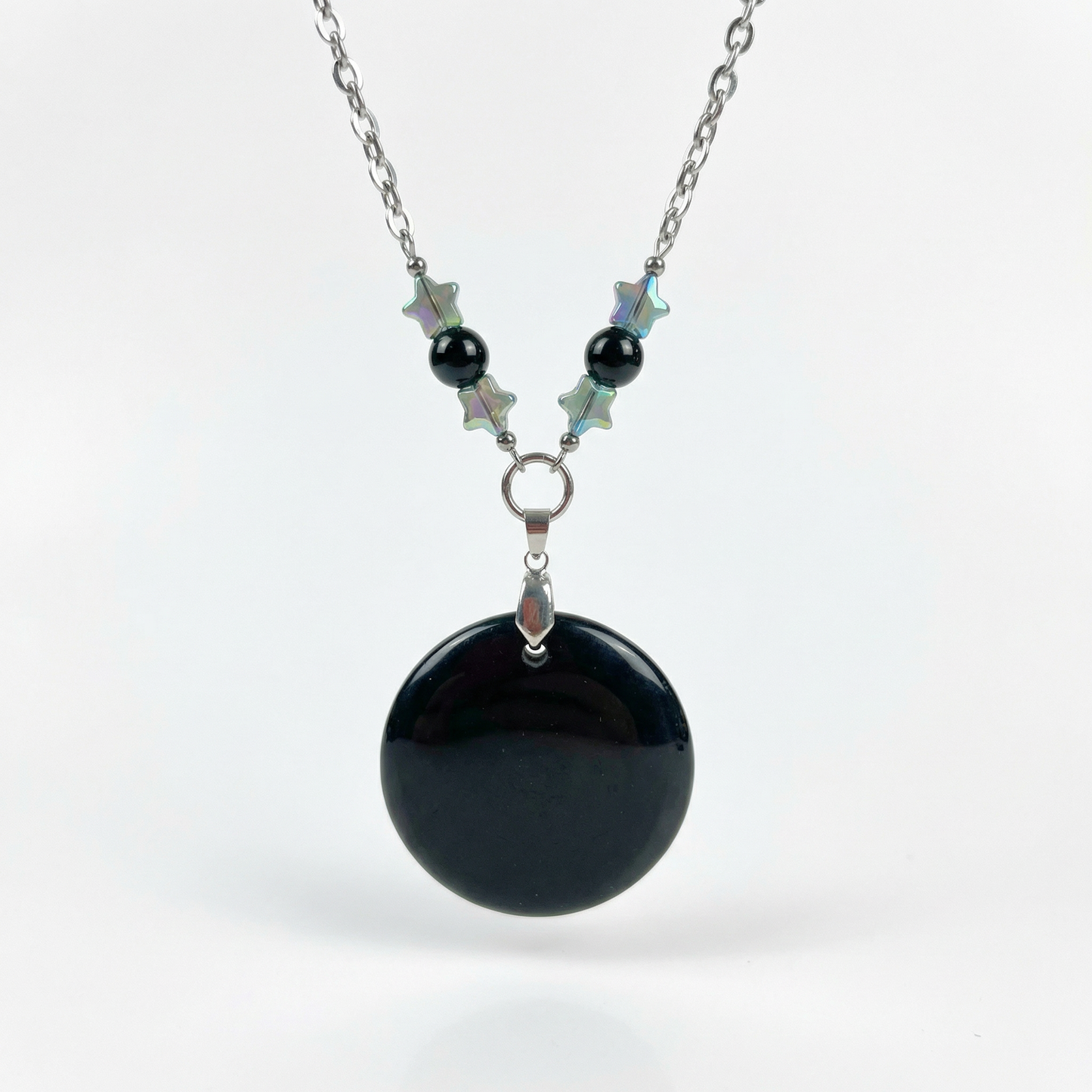 Obsidian black mirror necklace, scrying divination jewelry, rainbow obsidian, stars