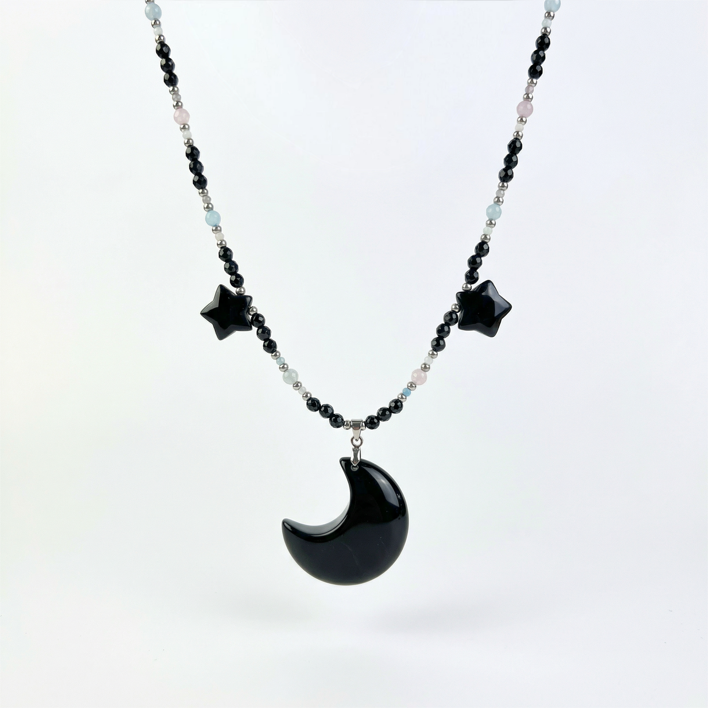 Obsidian moon and stars, morganite and onyx Night queen necklace Baguette Magick