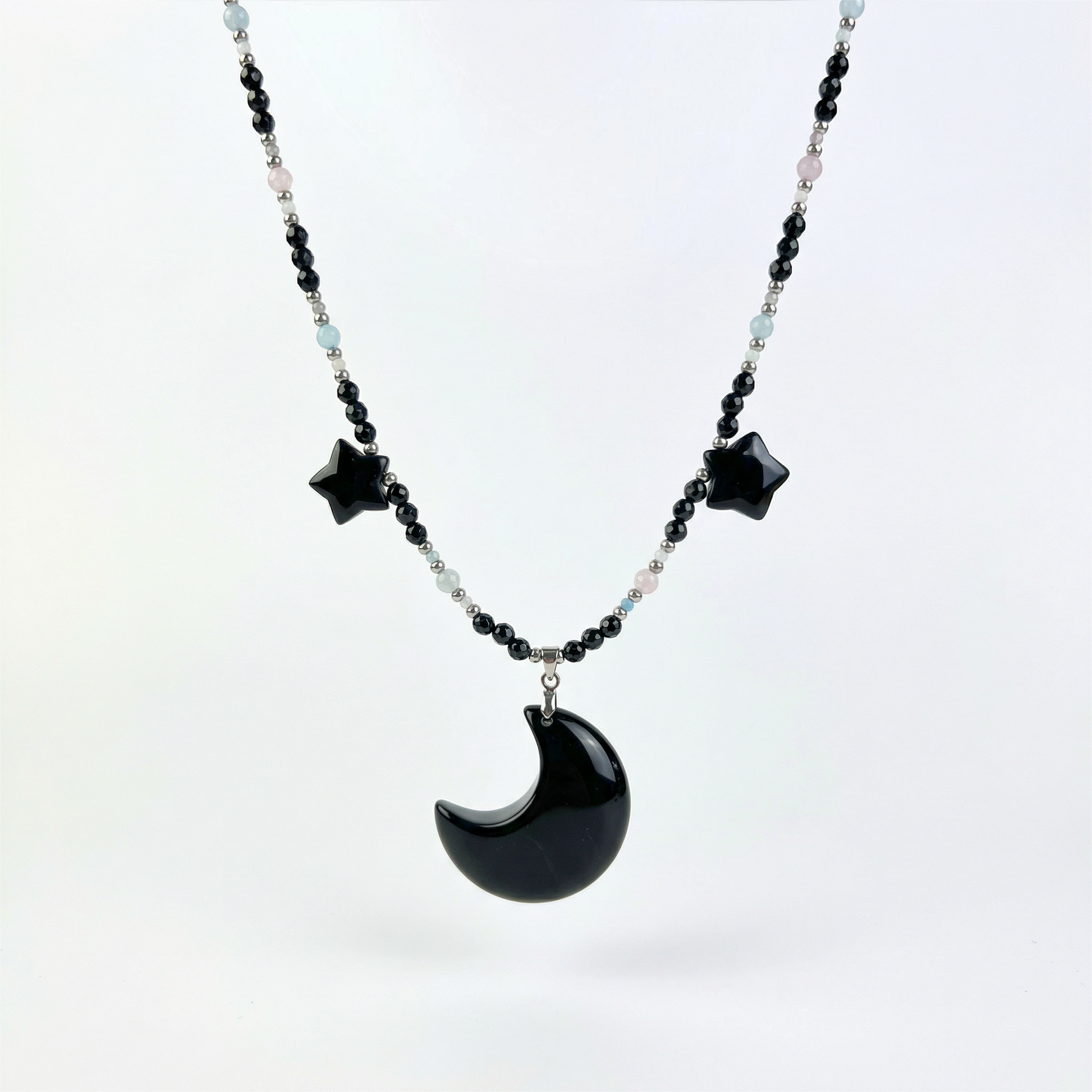 Obsidian moon and stars, morganite and onyx Night queen necklace Baguette Magick