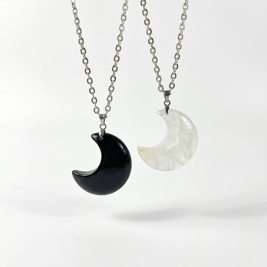 Moon crescent clear quartz or obsidian pendant necklace