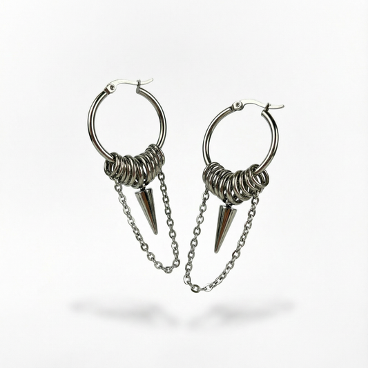 Big hoop earrings with jump rings, spike and chain, industrial style Baguette Magick