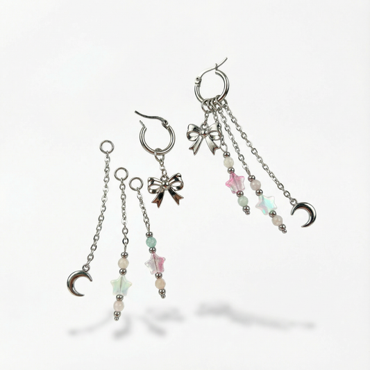 Boucles d'oreilles créoles Mix &amp; Match nœud, lune et étoiles, morganite et quartz rose