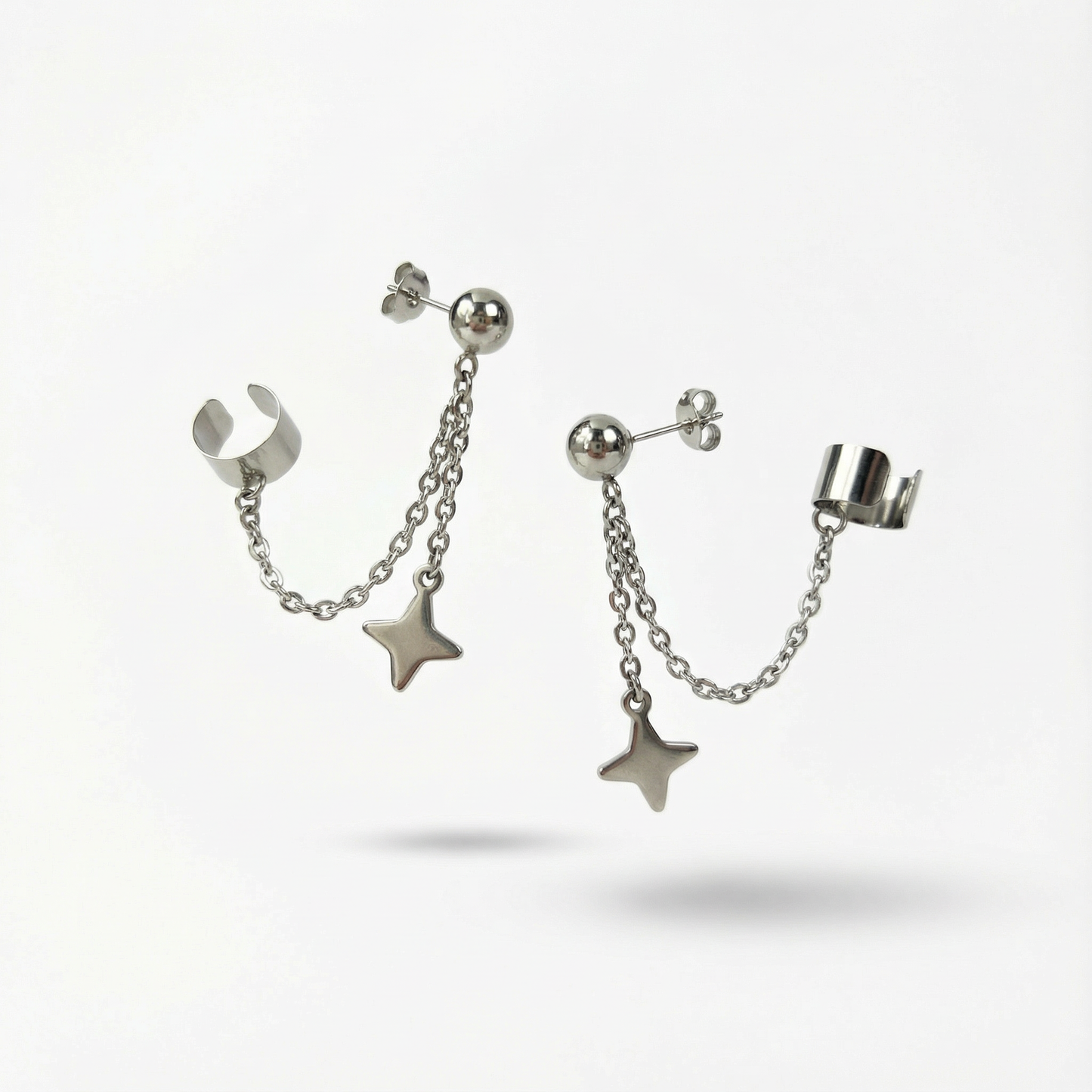Shuriken star, chain and cuff stud earring, mono or pair Baguette Magick