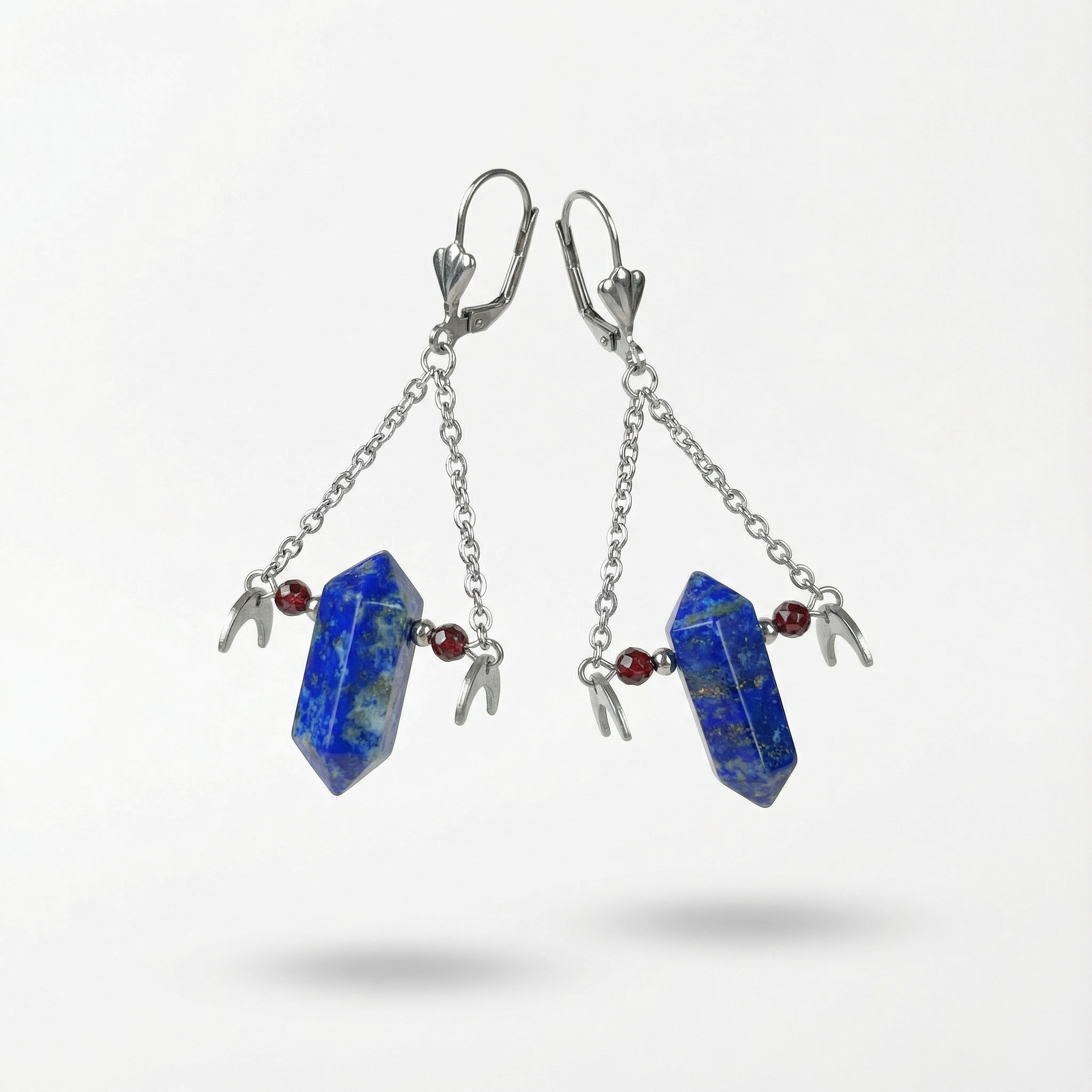 Lapis lazuli garnet gemstone earrings with Moon crescent Baguette Magick