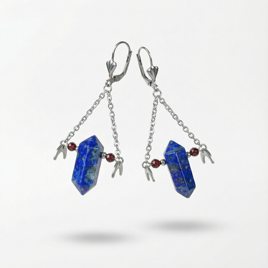 Lapis lazuli garnet gemstone earrings with Moon crescent Baguette Magick
