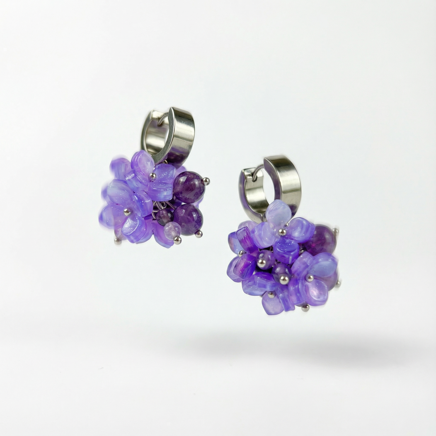 Hydrangea bloom earrings, amethyst beads on chunky huggie hoops
