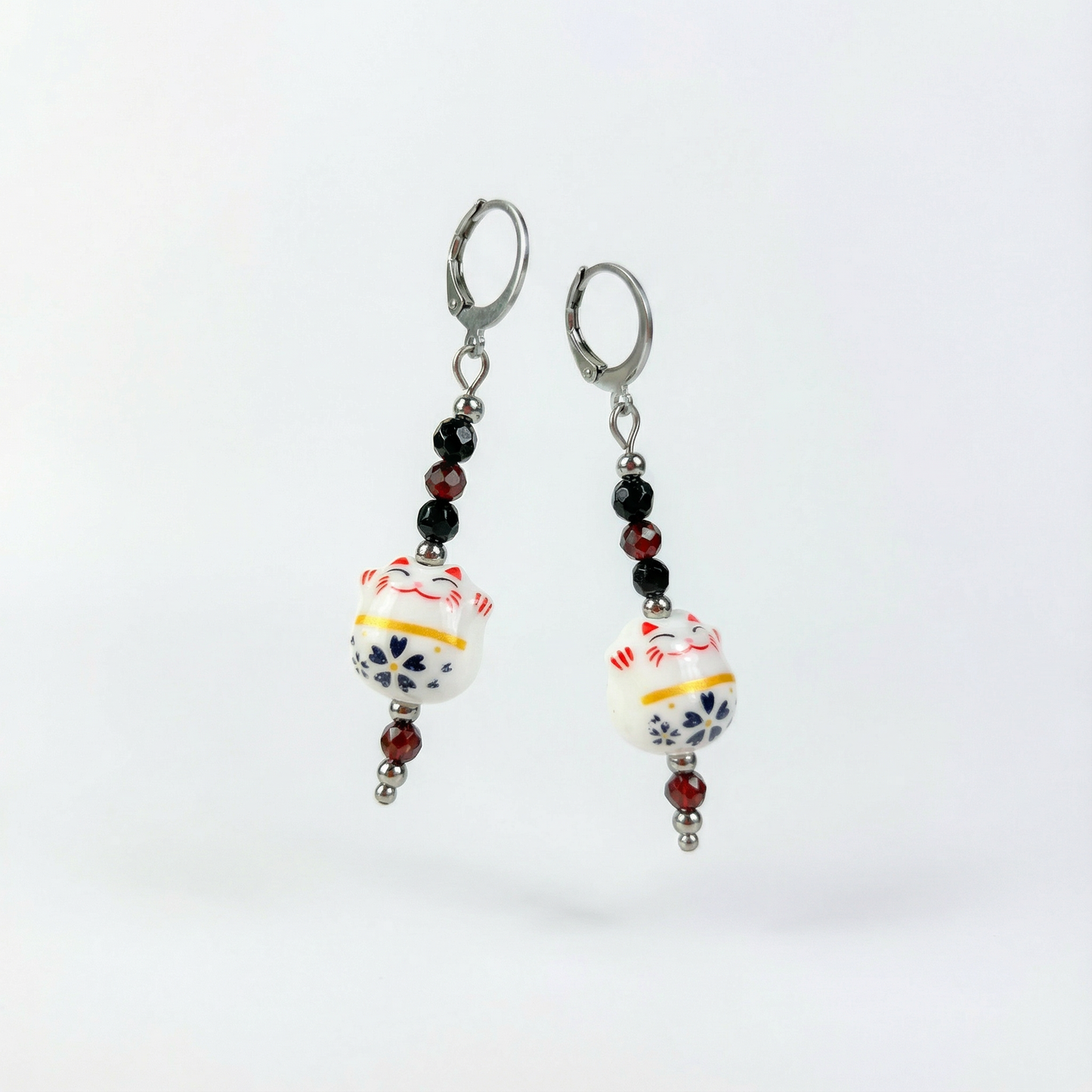 Maneki Neko Earrings, Onyx & Garnet