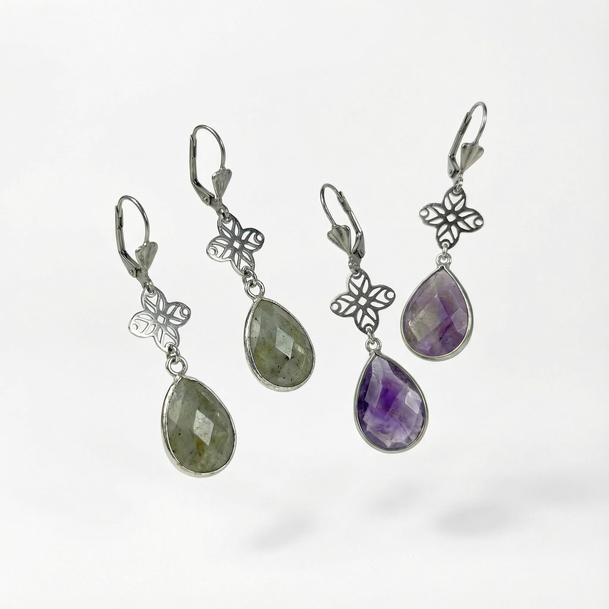 Art deco set gemstone earrings, Amethyst or Labradorite Baguette Magick