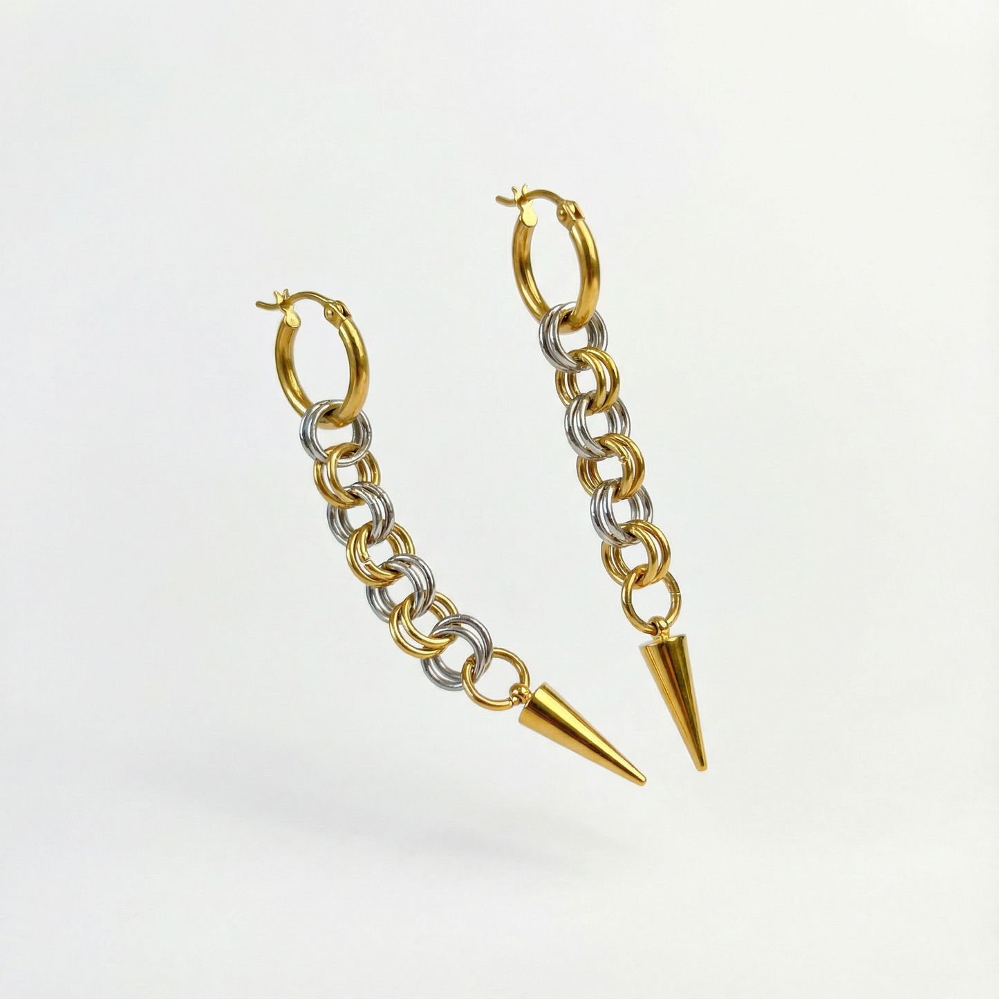 Silver and gold mixed metal chainmail earrings, hoops and spikes