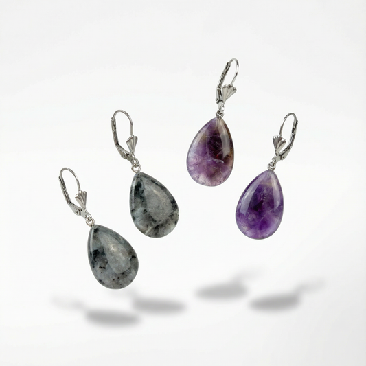 Amethyst or Larvikite art deco teardrop earrings