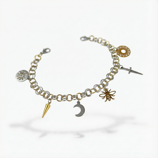 Chainmail charm bracelet, gold and silver tones Baguette Magick