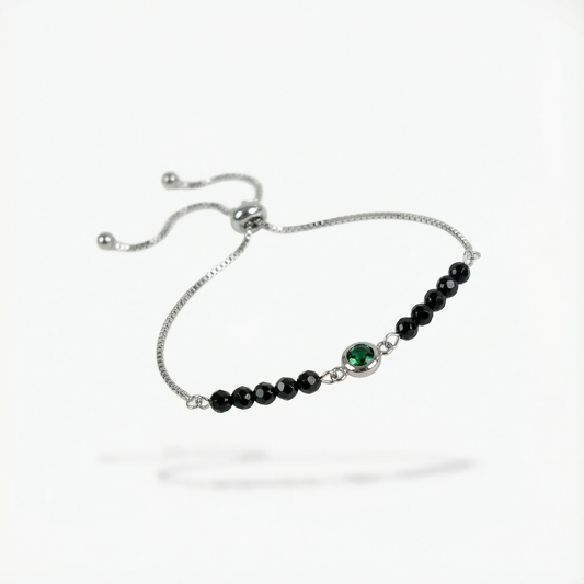 Faceted onyx and emerald green rhinestone slider bracelet