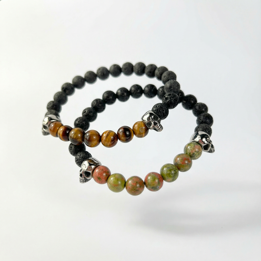 Lava rock and unakite or tiger's eye mala bracelet, with skulls Baguette Magick
