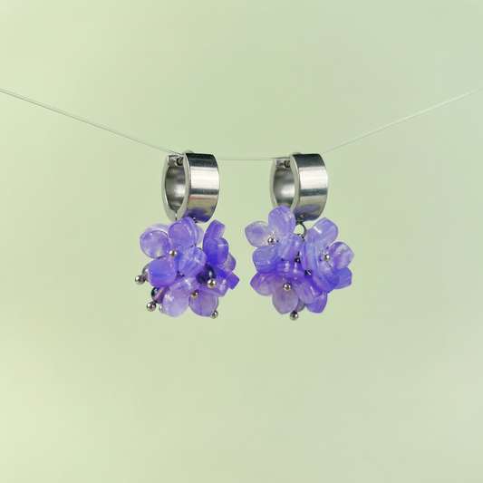 Hydrangea bloom earrings, amethyst beads on chunky huggie hoops