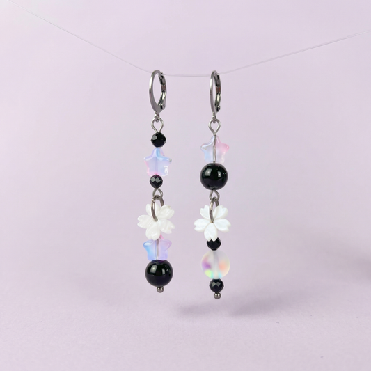 The Celestial Nocture earrings: Rainbow Obsisidan, Onyx, Holo glass, stars and Sakura flowers
