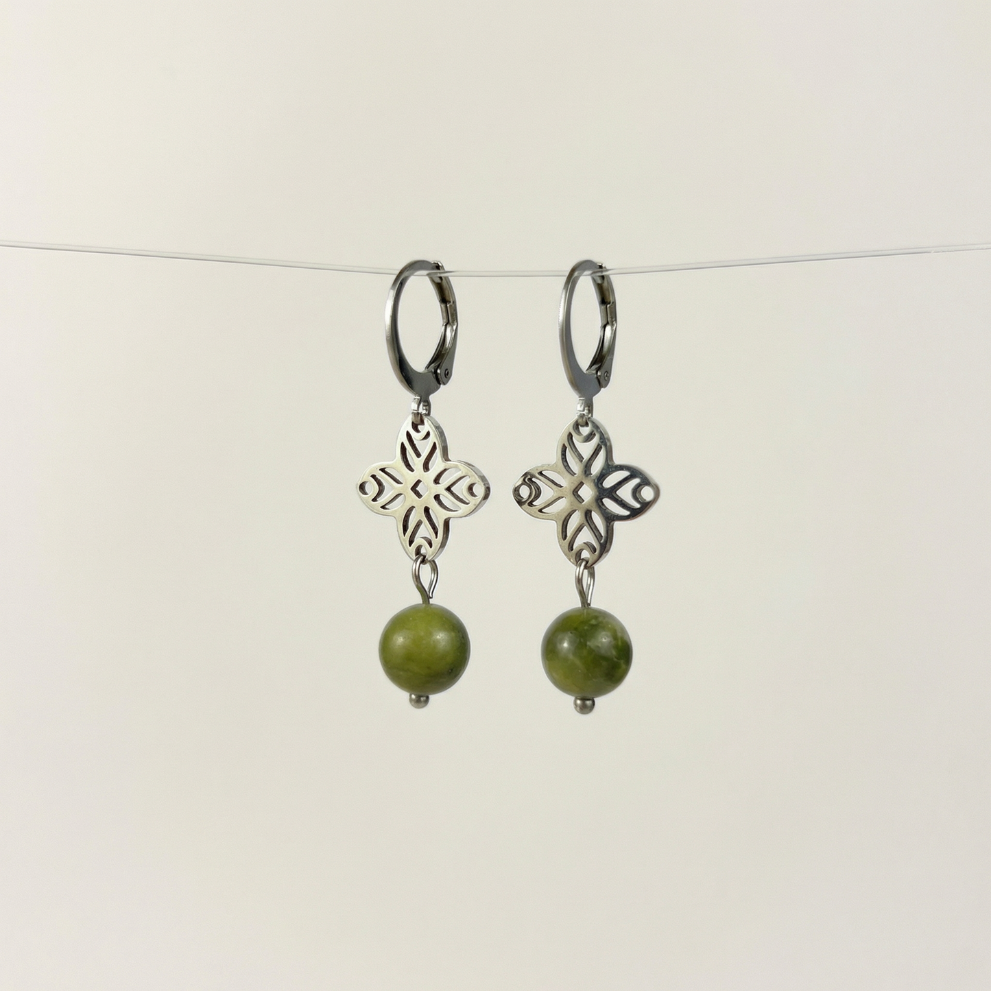 Art deco green jade earrings, floral mandala Baguette Magick