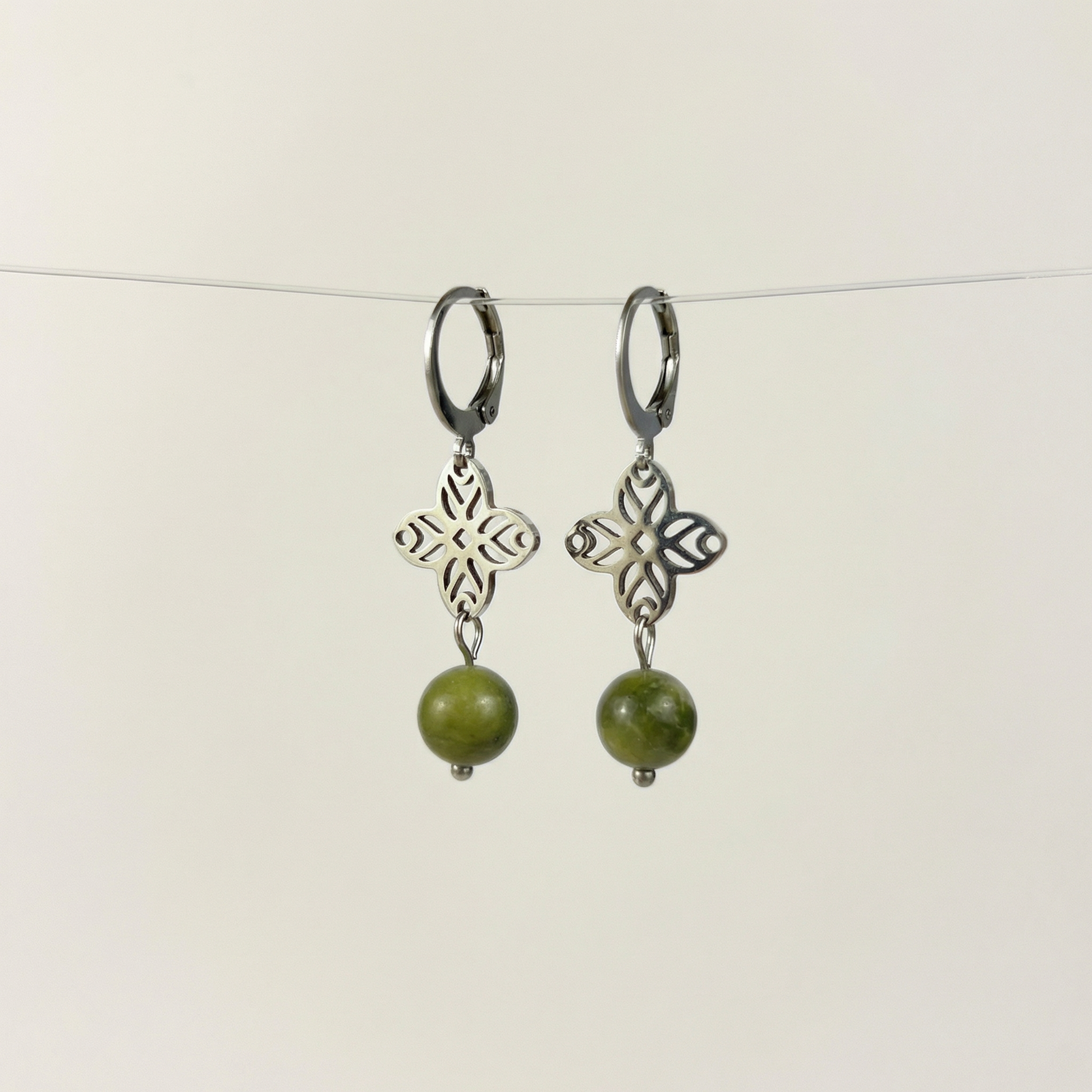 Art deco green jade earrings, floral mandala Baguette Magick