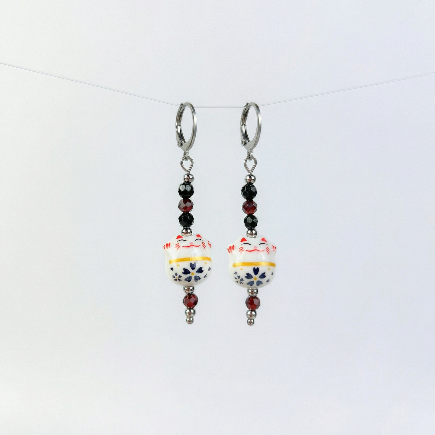 Maneki Neko Earrings, Onyx & Garnet