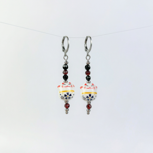Maneki Neko Earrings, Onyx & Garnet