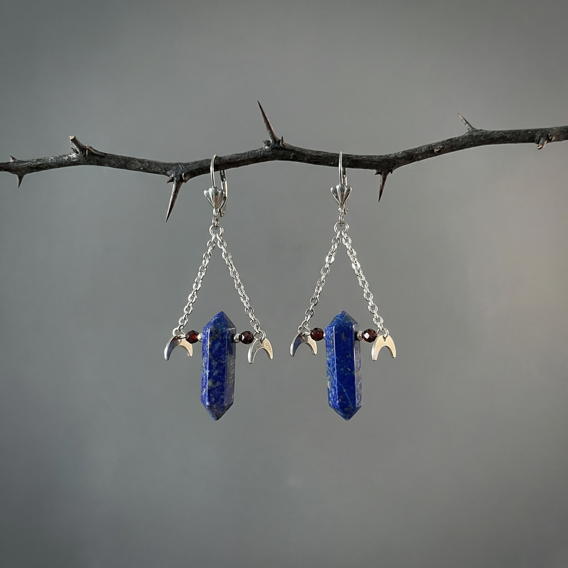 Lapis lazuli garnet gemstone earrings with Moon crescent Baguette Magick