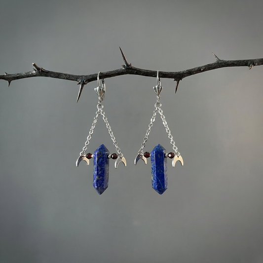 Lapis lazuli garnet gemstone earrings with Moon crescent Baguette Magick