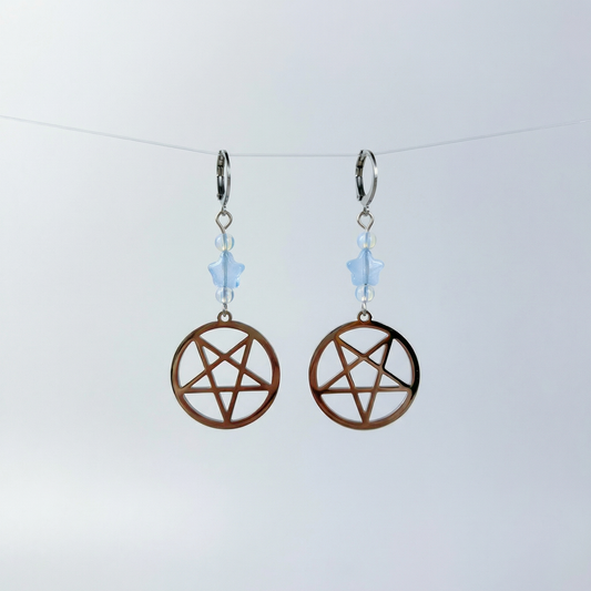 Inverted pentacle pastel goth earrings, with blue stars and opalite