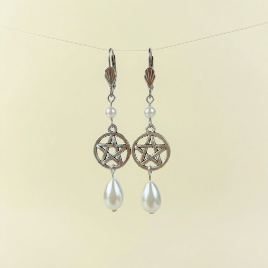Boucles d’oreilles victoriennes édouardiennes en forme de pentacle et de perles en forme de larme
