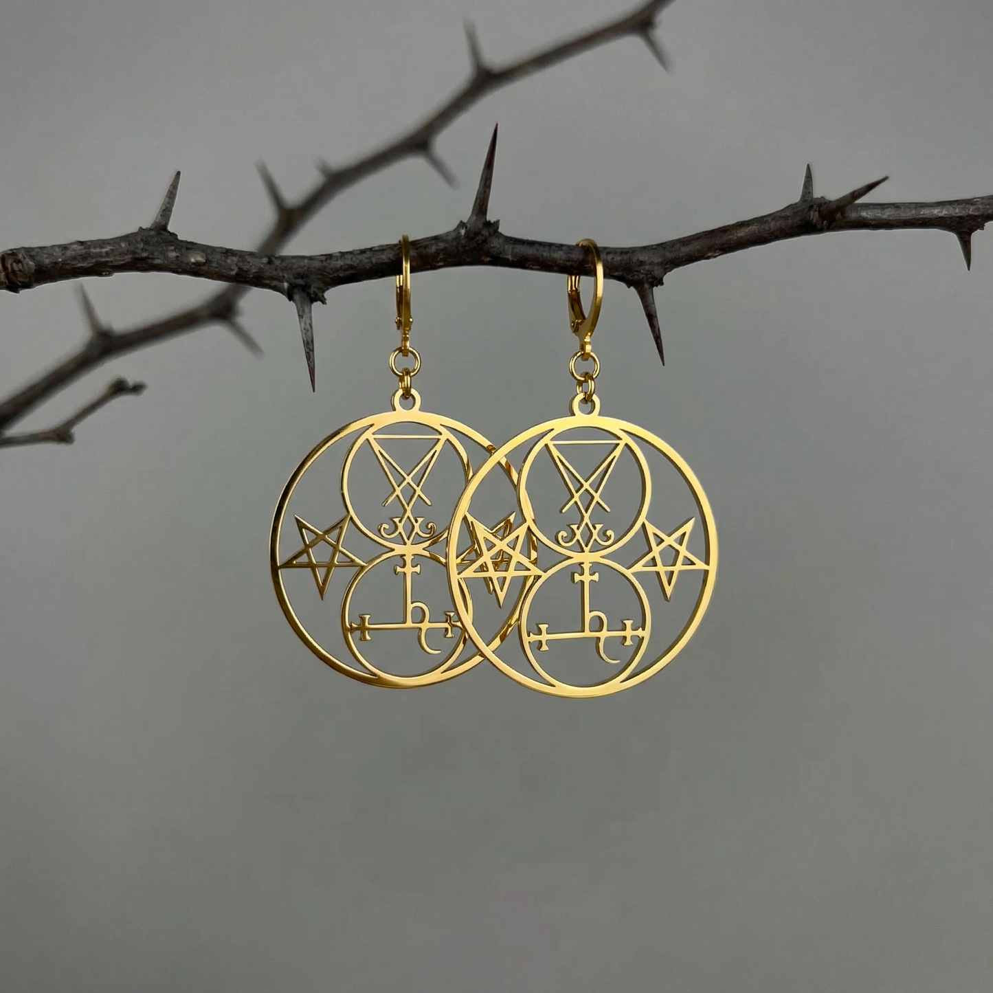 Golden Luciferian earrings, Lilith and Lucifer sigils, inverted pentacle Baguette Magick