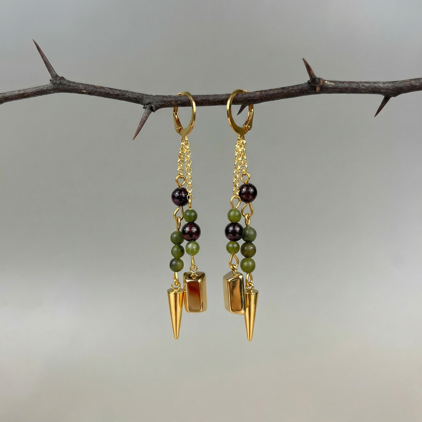Garnet and green jade wealth talisman earrings, gold ingot and spike, to manifest abundance