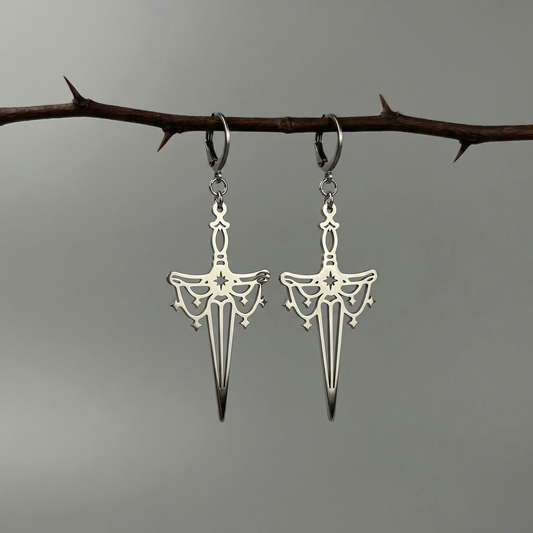 Athame dagger earrings, silver tone stainless steel Baguette Magick