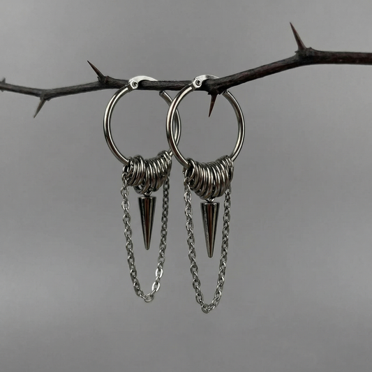 Big hoop earrings with jump rings, spike and chain, industrial style Baguette Magick