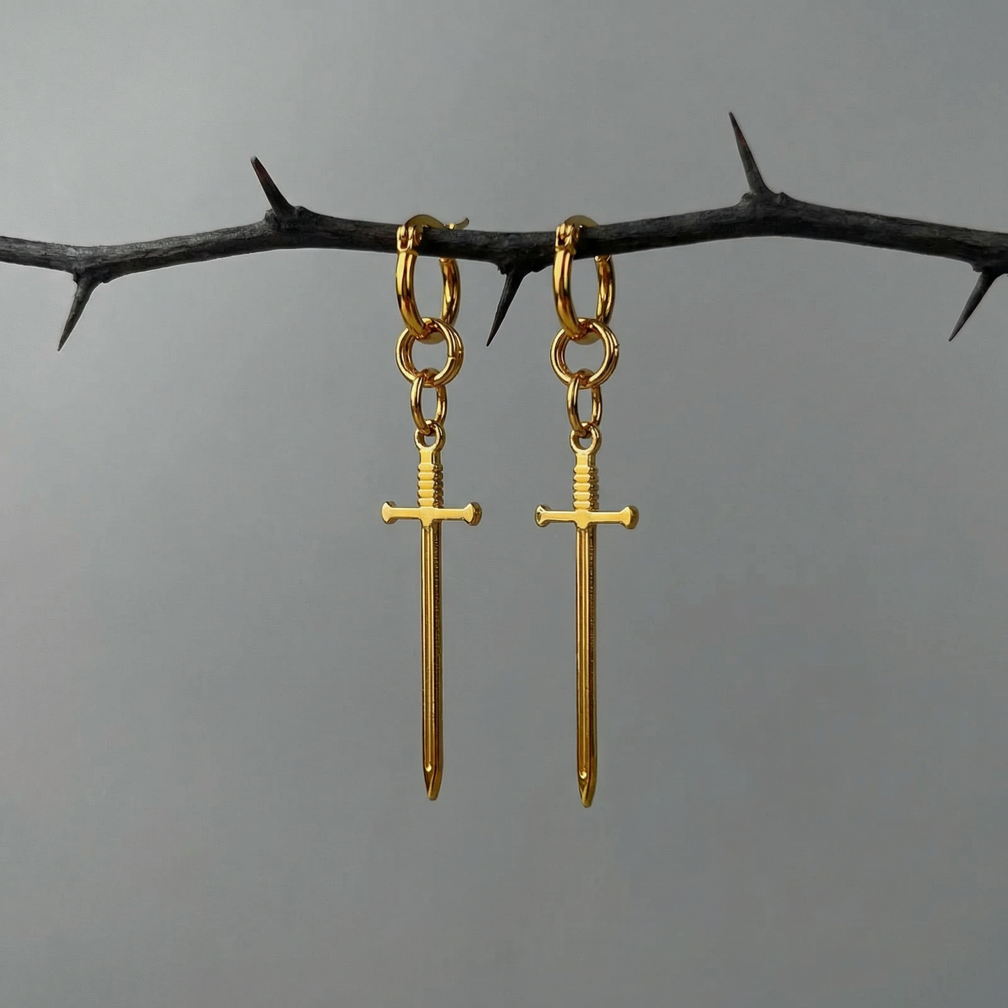 Gold hoop sword earrings, fantasy jewelry