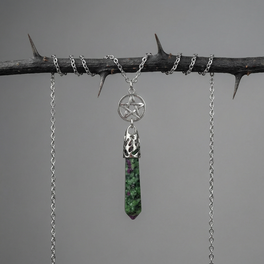 Ruby in Zoisite Anyolite crystal and pentacle divination necklace
