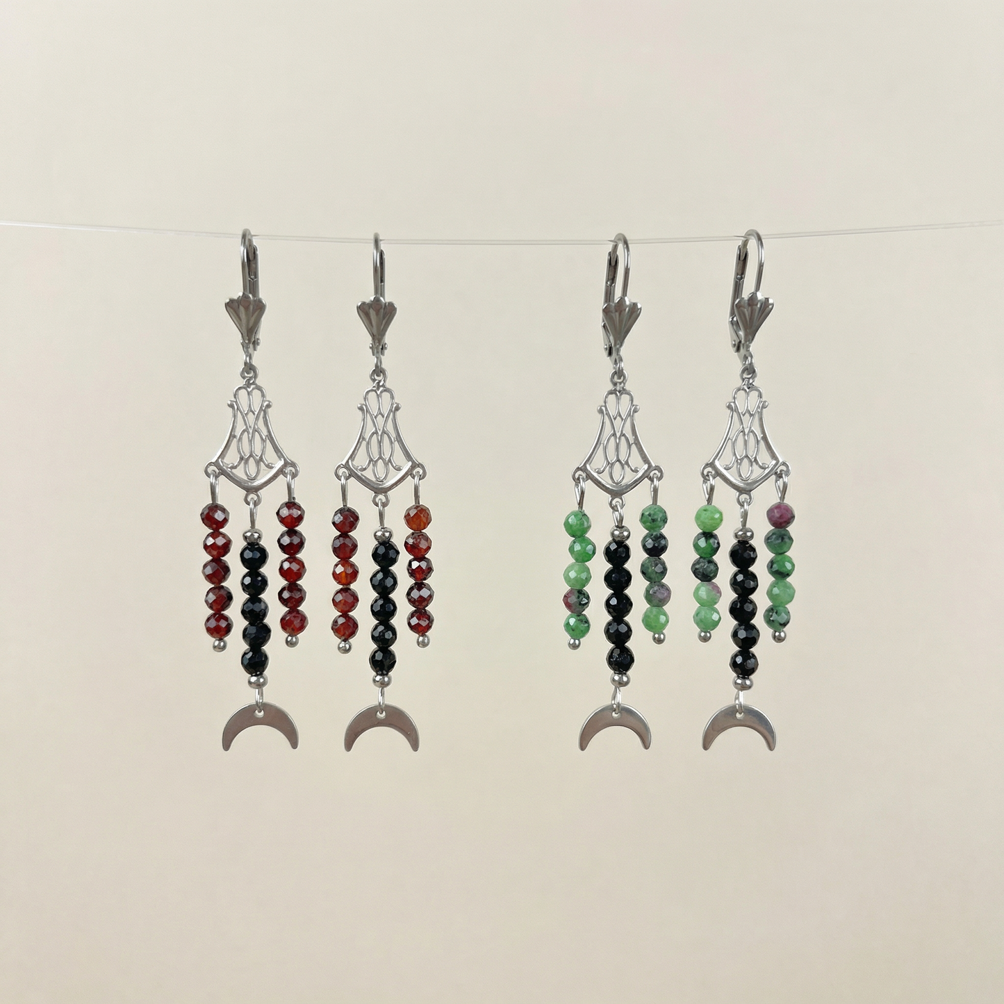 Chandelier art deco earrings Onyx/Garnet or Onyx/Ruby Zoisite Baguette Magick