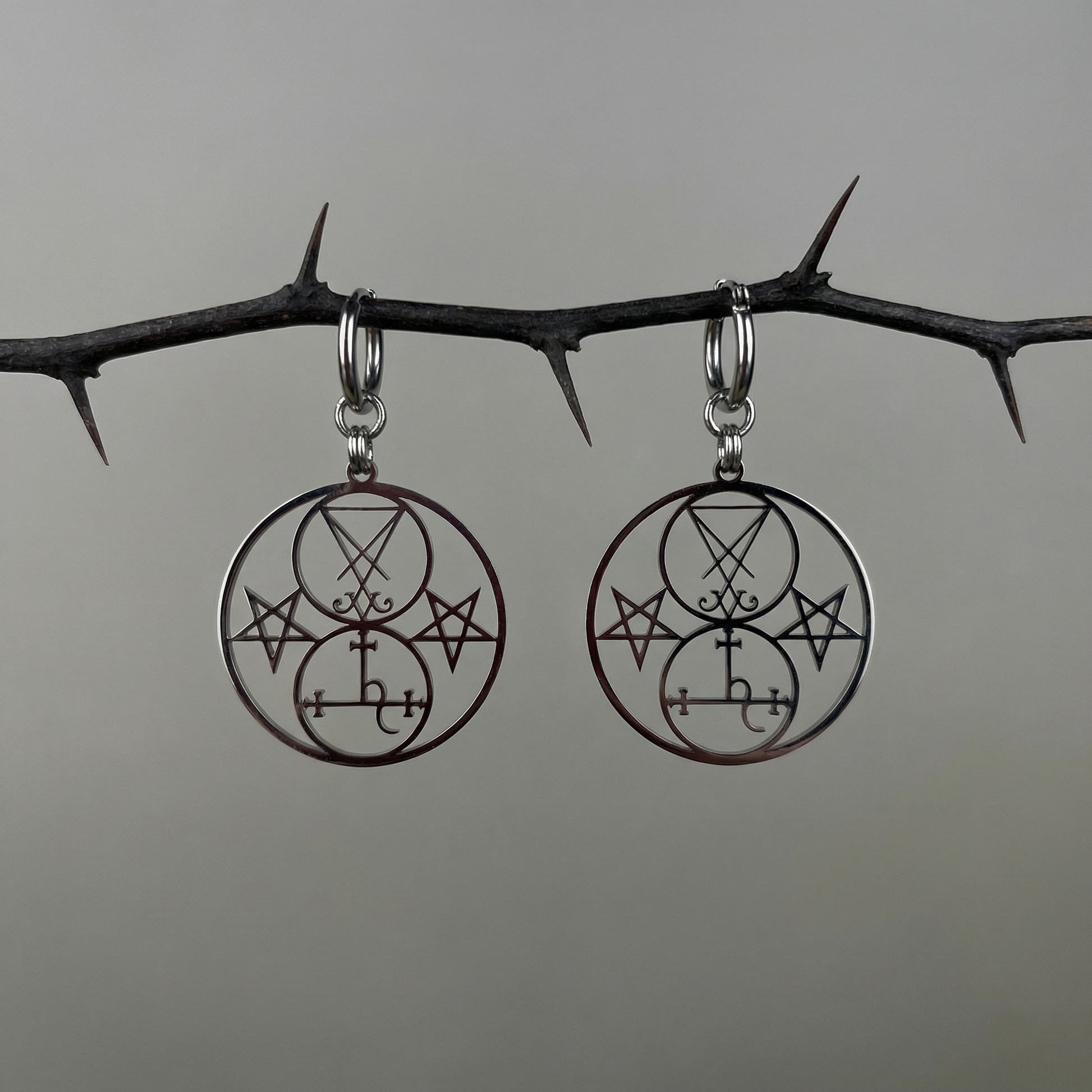 Luciferian earrings, Lilith and Lucifer sigils, inverted pentacle Baguette Magick