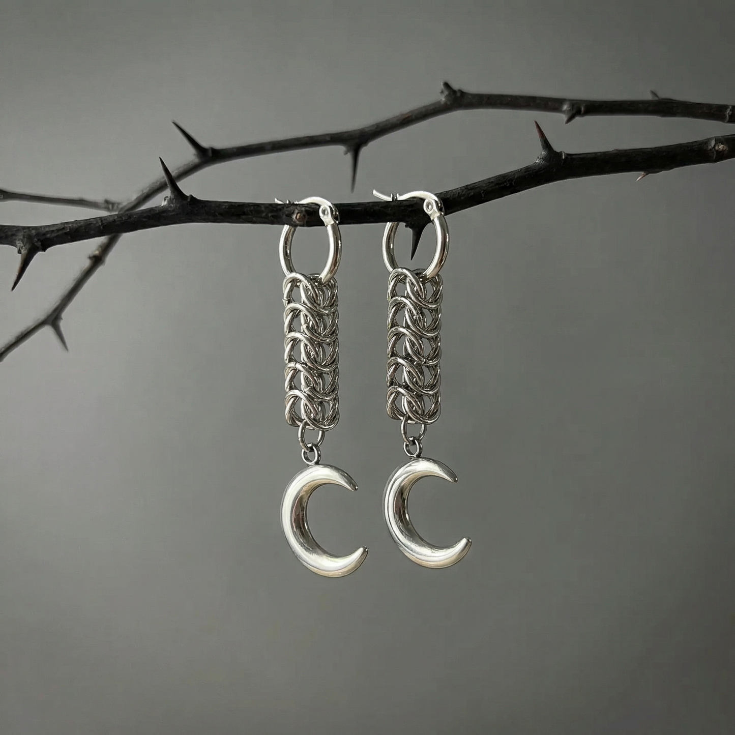 Crescent Moon box chain chainmail earrings Baguette Magick