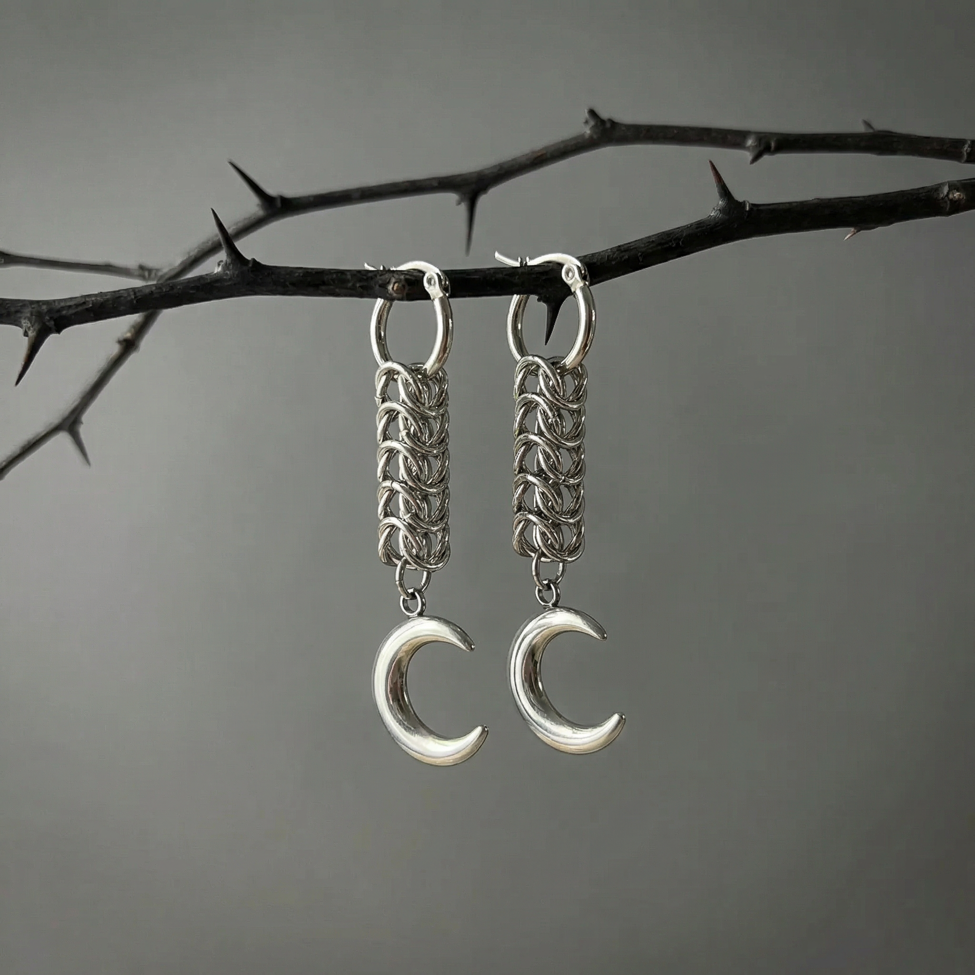 Crescent Moon box chain chainmail earrings Baguette Magick