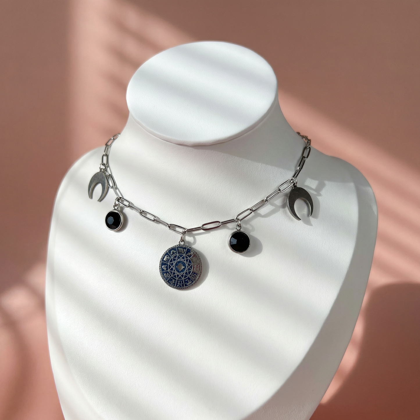 Zodiac wheel paper clip chain choker, black rhinestones Baguette Magick