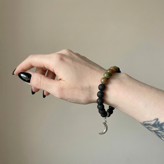 Unakite and lava mala beaded bracelet with a crescent Moon charm