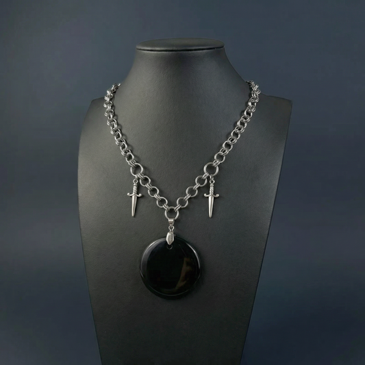 Obsidian black mirror necklace, scrying divination jewelry, athame daggers