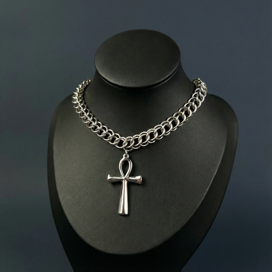 Collier ras du cou en cotte de mailles mi-persane avec pendentif Ankh, croix égyptienne
