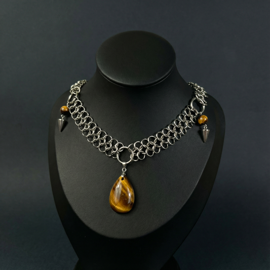 Tiger eye European chainmail teardrop pendant necklace Baguette Magick