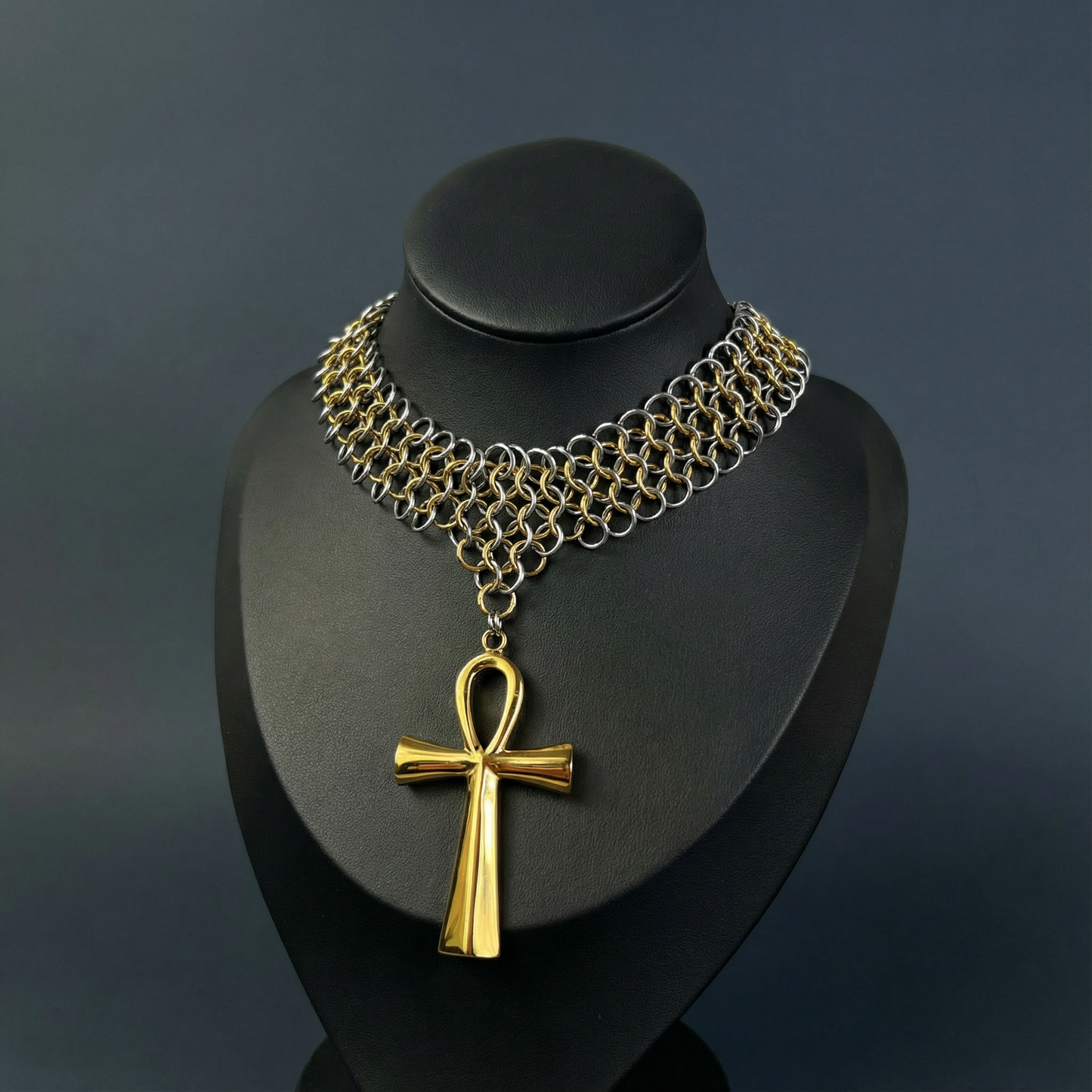 Ankh chainmail bib necklace European 4 in 1 necklace, silver and gold tones