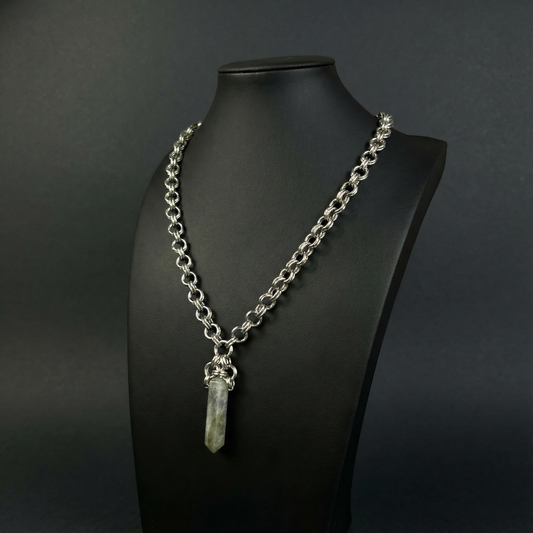 Labradorite point long chainmail necklace, with a crescent moon