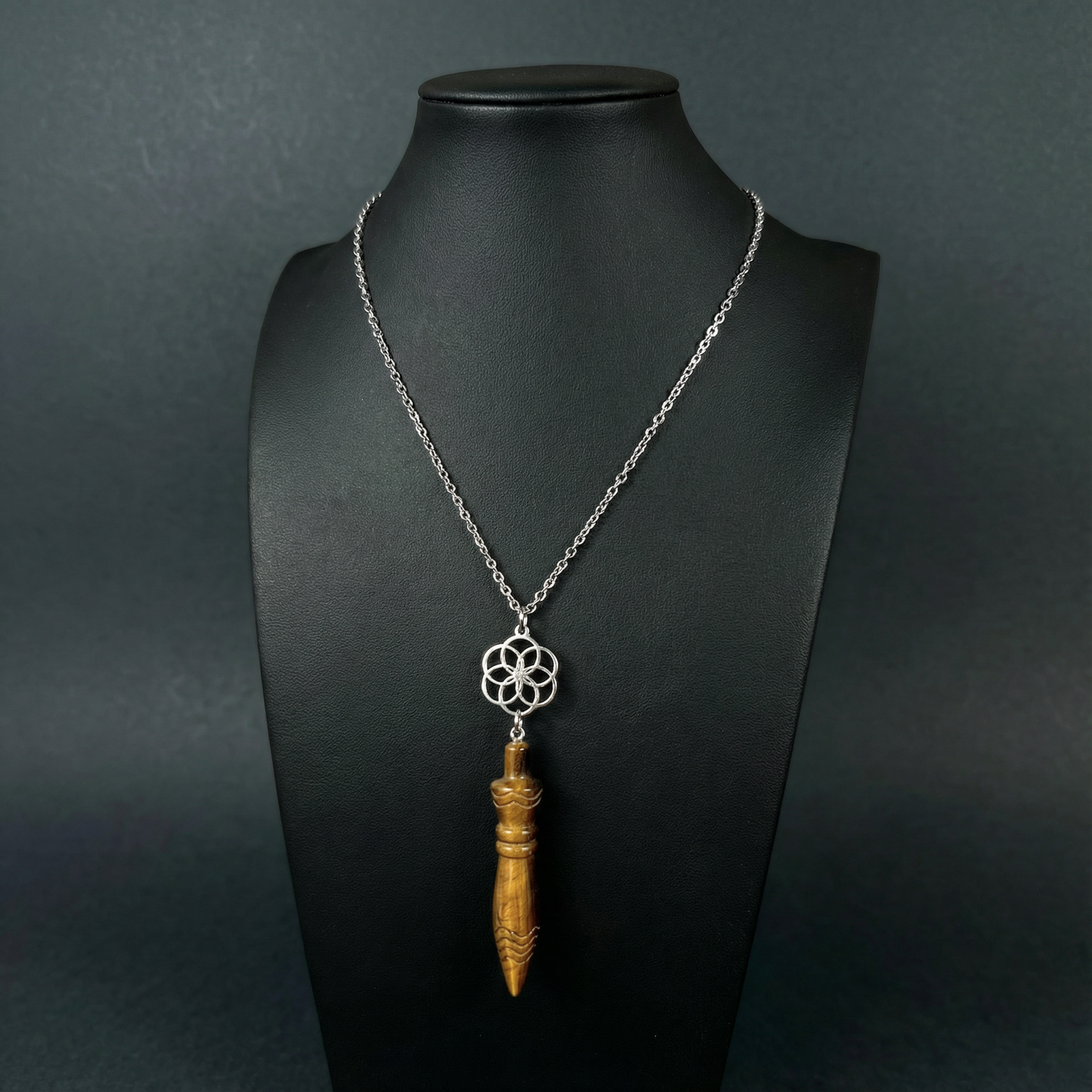 Collier pendule égyptien Thot gravé, œil de tigre, fleur de vie