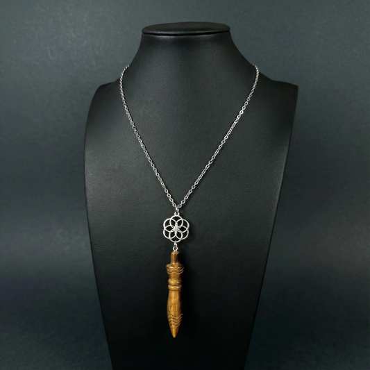 Engraved Egyptian Thot pendulum necklace, tiger's eye, flower of life