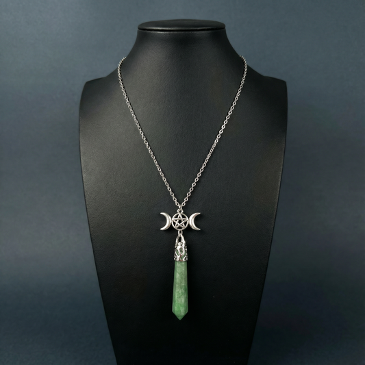 Aventurine and pentacle triple Moon pagan pendulum necklace Baguette Magick