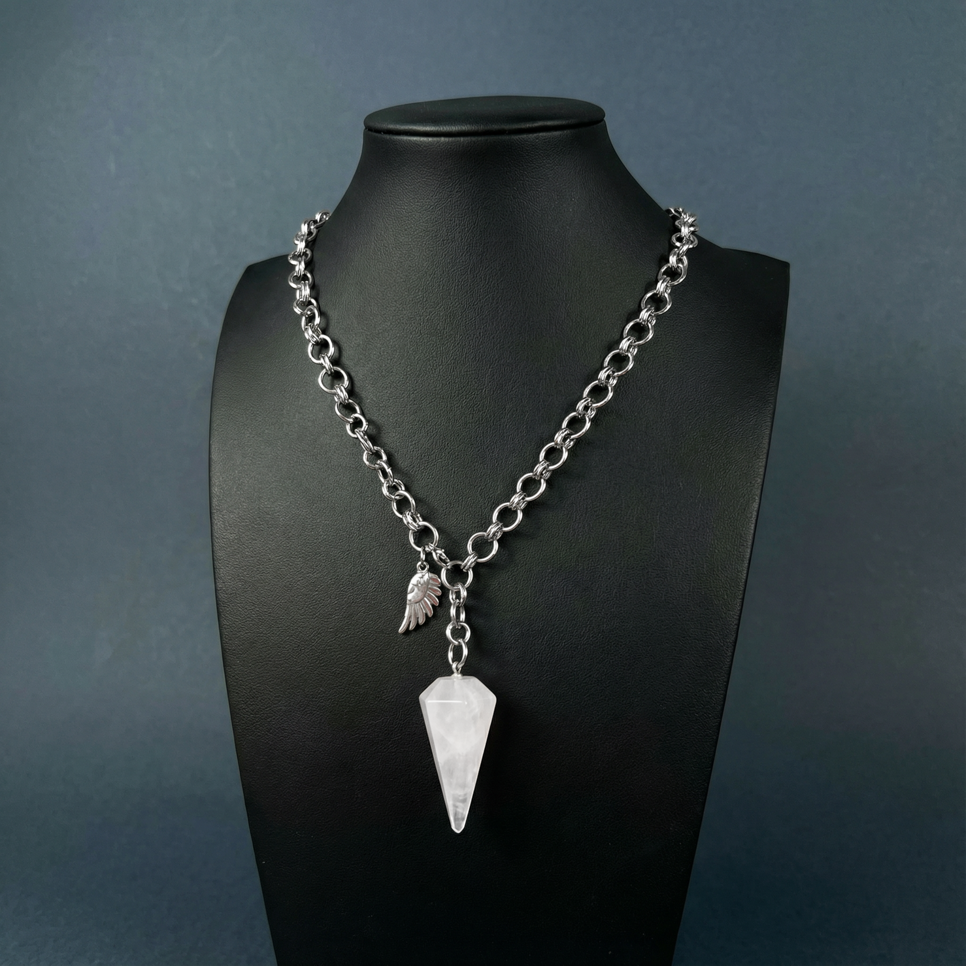 Quartz and wing divination pendulum necklace, adjustable chain Baguette Magick